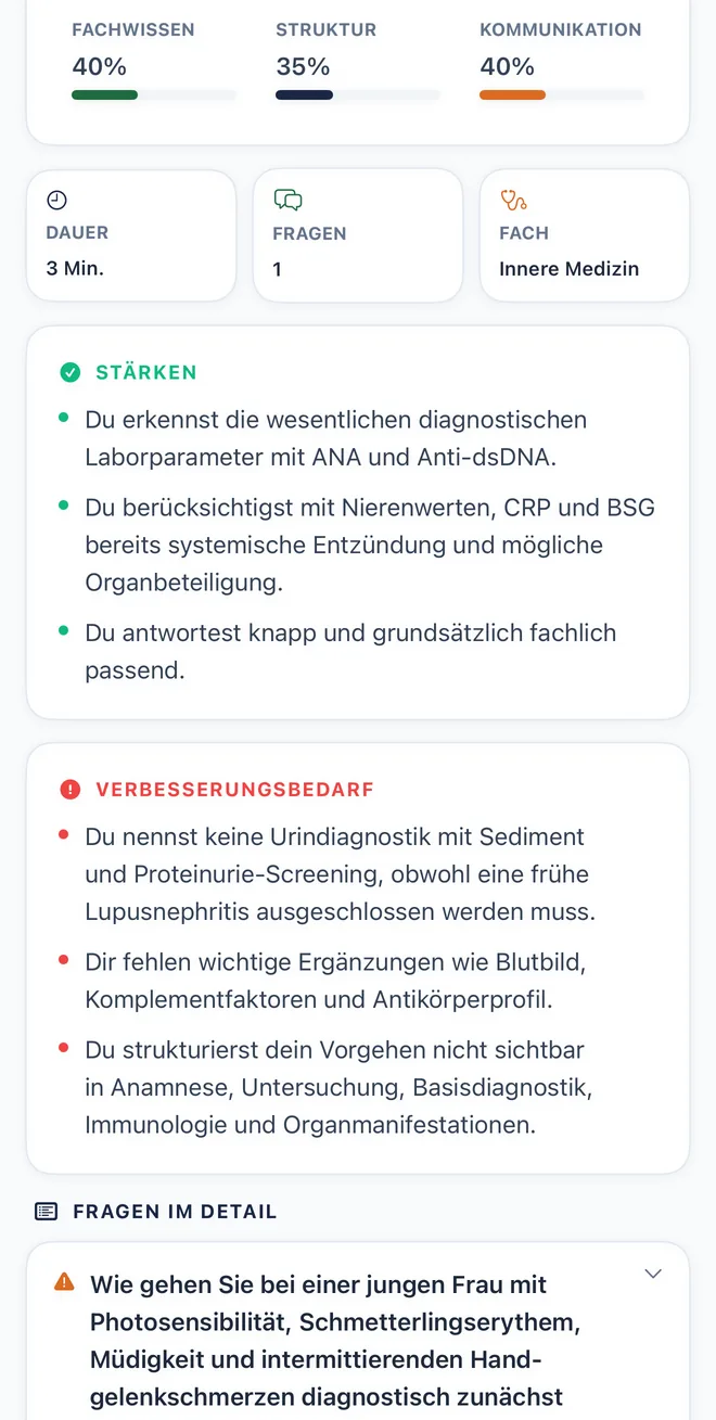 Auswertung in BROCALY: Einschätzung zu Fachwissen, Struktur und Kommunikation, darunter Stärken und Verbesserungsbedarf